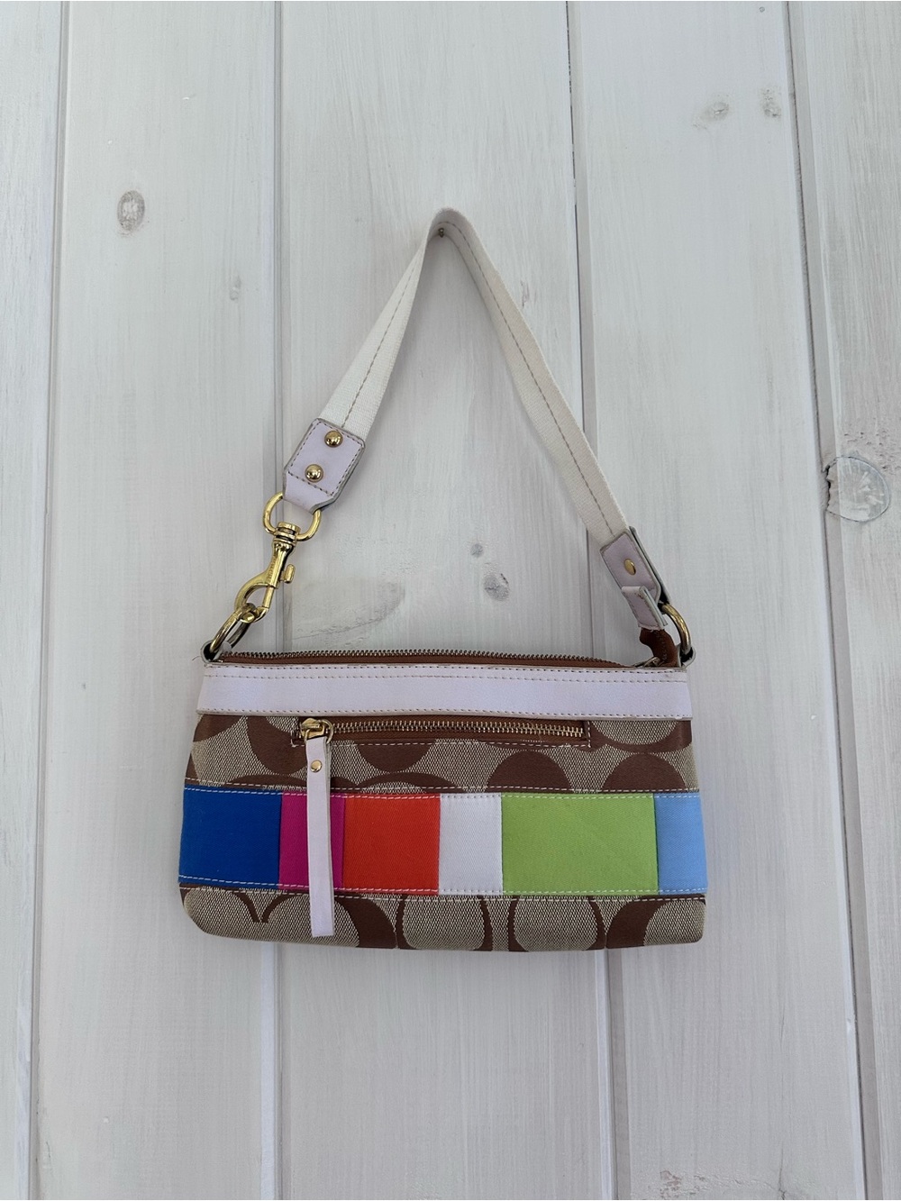 Coach Beige Signature Canvas Mini Shoulder Bag with Multicolor Stripes Accent